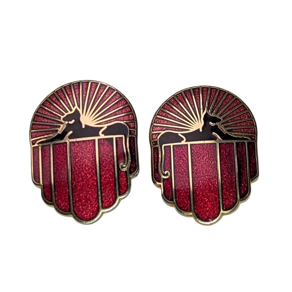 Roccoco Kaleidoscope Cat Clip On Earrings Red Enamel Cloisonne Art Deco Style